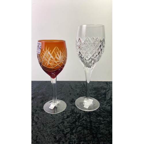 181 - 6 amber coloured wine glasses along with 4 cut glass wine glasses