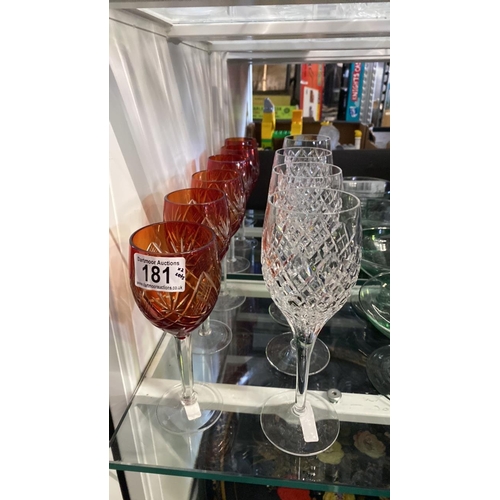 181 - 6 amber coloured wine glasses along with 4 cut glass wine glasses