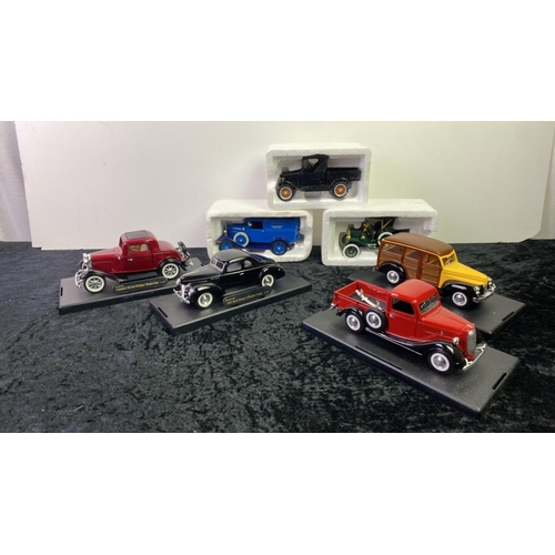 248 - Good selection of die cast model vintage cars in stands, with boxes