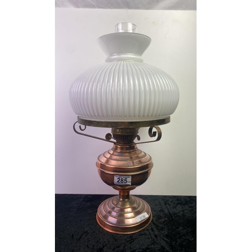 285 - Copper oil lamp with glass funnel and shade