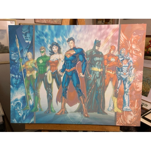 480 - A printed canvas depicting superheroes including Superman, Batman, Forceyman. Approx 60cm x 80cm