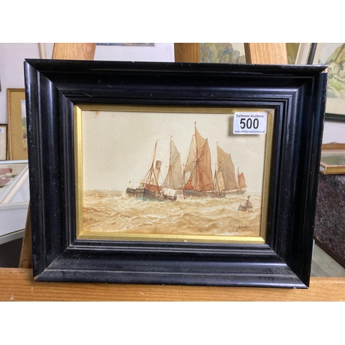 500 - A signed watercolour entitled ‘Trawlers turning in’ depicting fishing boats at sea by FJ Aldridge. A... 