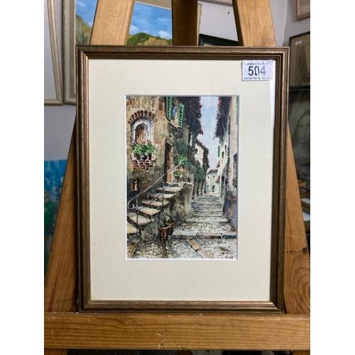 504 - A watercolour of a European street scene. Approx 34cm x 76cm