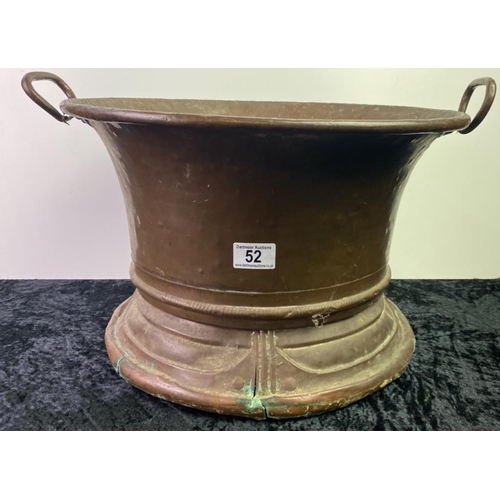 52 - Copper two-handled urn, approx 43cm diameter and 28cm tall