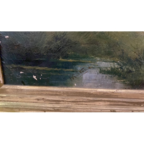 523a - Oil on canvas in gilt frame of a countryside farming scene by WR Stone (William Richard Stone). Appr... 