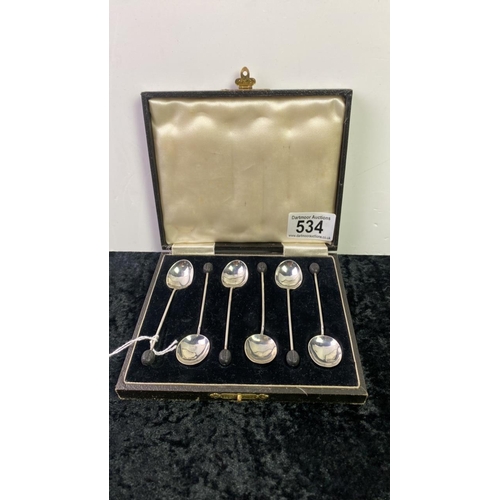 534 - Cased set of six silver bean top coffee spoons, Birmingham 1938, total weight 27g