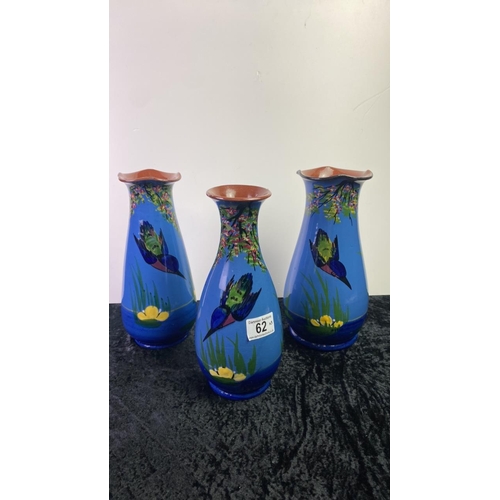 62 - Three Longpark, Torquay kingfisher vases, approx 26cm tall