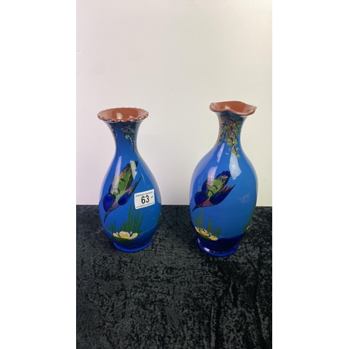 63 - Two Longpark, Torquay kingfisher vases, approx 24cm tall