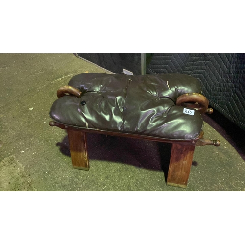 640 - Leather topped camel stool on wooden base with inset brass detail, approx 77cm wide, 38cm tall, 40cm... 