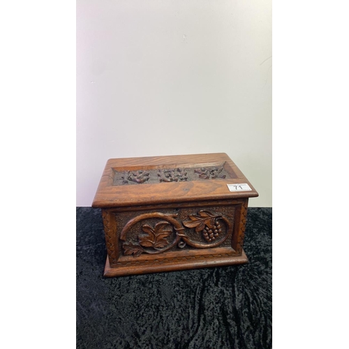 71 - Carved wooden box with 1892 and initials carved into lid and grapevine design. Approx 17cm x 28cm x ... 