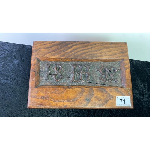 71 - Carved wooden box with 1892 and initials carved into lid and grapevine design. Approx 17cm x 28cm x ... 