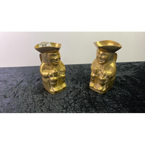 97 - Pair of brass toby jugs, approx 14cm tall