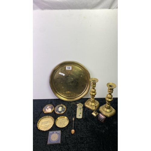 106 - Collection of brass items inc. tray, candlesticks, dishes etc