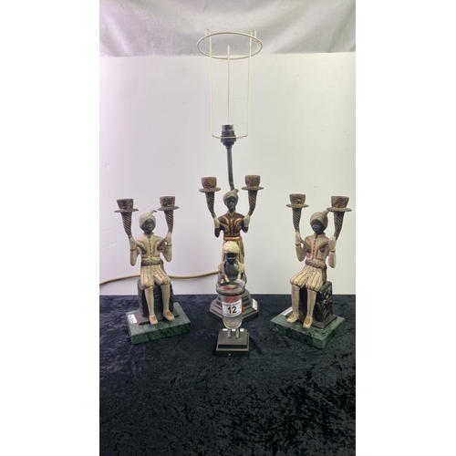 12 - Blackamoor style candlesticks on marble bases (28cm tall), lamp (41cm tall) and vase (glass a/f, 21c... 