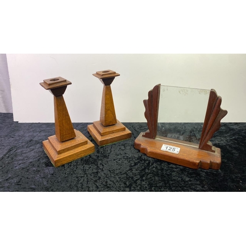 125 - Wooden Art Deco style candlesticks and picture frame