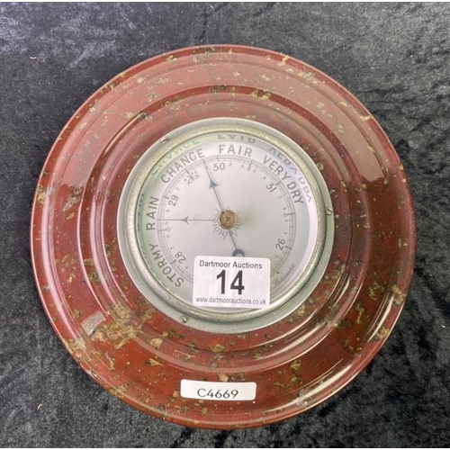 14 - Barometer inset in stone base (possibly serpentine), 22.5cm diameter