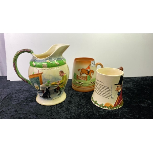 145 - A musical jug hand painted with figurines and poem along with 2 musical tankards all depicting John ... 