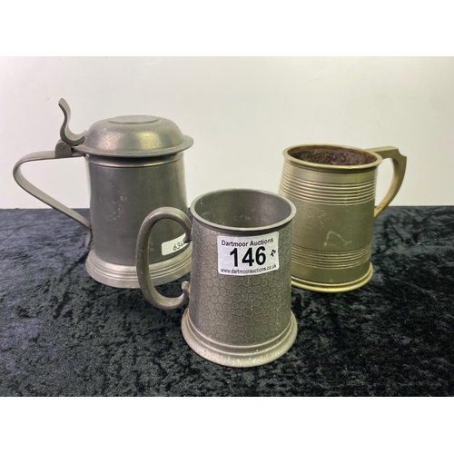 146 - 3 Pewter tankards - including 1 lidded example by Thomas Williams