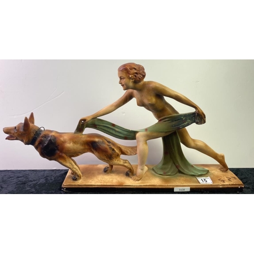 15 - Impressive art deco style plaster figurine of a lady and German Shepherd dog