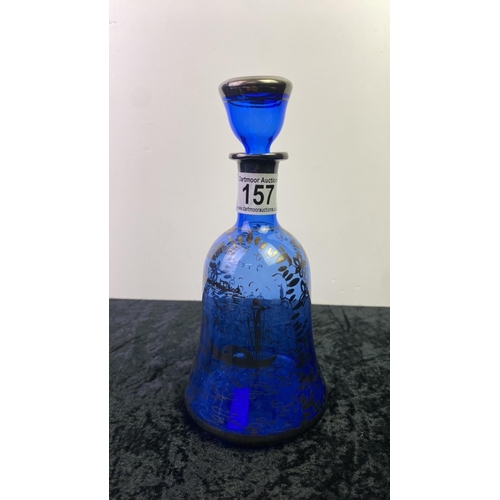 157 - A beautiful Venetian blue glass decanter with 6 glasses all with hand painted design