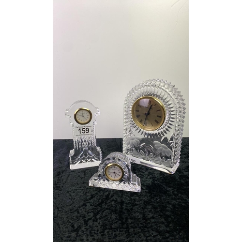 159 - 3 lead crystal glass clocks, one by Princess House Germany and 2 Waterford