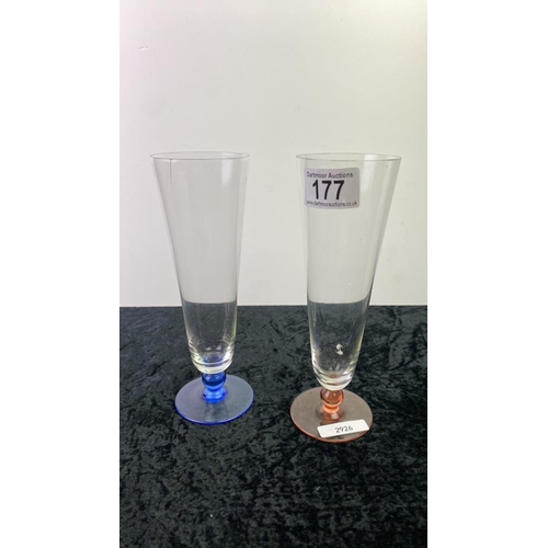 177 - 6 tall glasses with coloured bases along with a set of coloured glasses on twisted stems