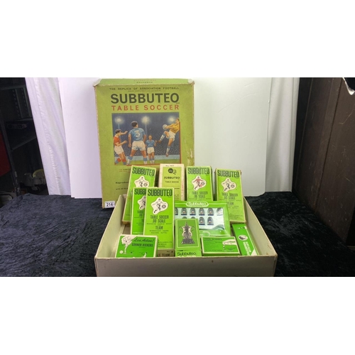 214 - Vintage Subbuteo equipment inc. two set boxes, one with various (incomplete) parts inc. lights, goal... 