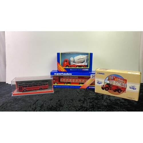 247 - Two Corgi die cast model busses, cement mixer and superhaulers lorry