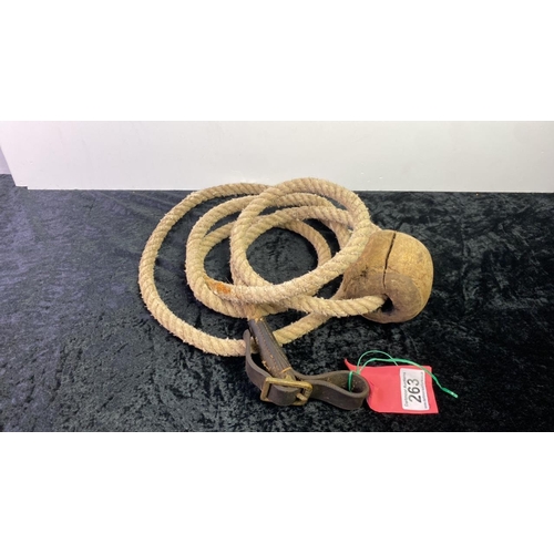 263 - A stall tether rope with a leather buckle