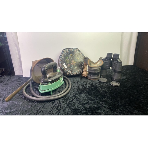 284 - Vintage Rhythm iron, gas mask, binoculars and sieve