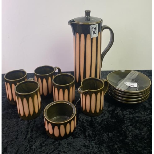 294 - Rye Pottery coffee set with coffee pot, four mugs, sugar bowl and milk jug