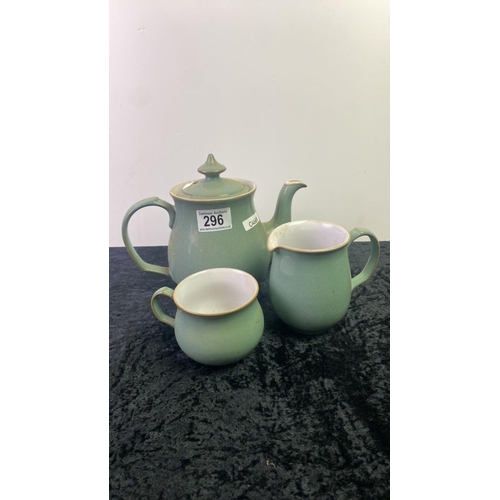 296 - Denby tea / coffee set with tea pot, six cups, three saucers, milk jug and two dinner plates