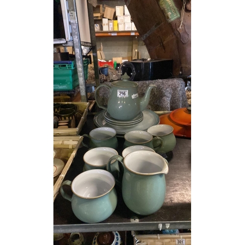 296 - Denby tea / coffee set with tea pot, six cups, three saucers, milk jug and two dinner plates