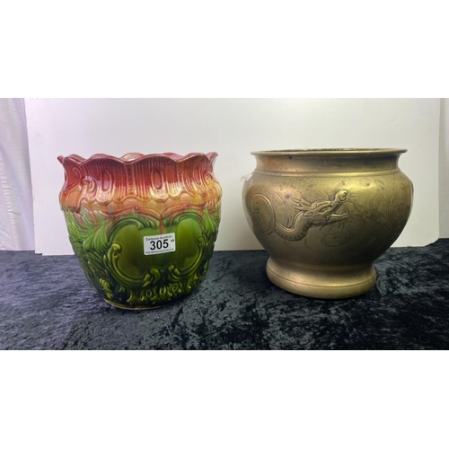 305 - Brass and ceramic glazed plant pots a/f