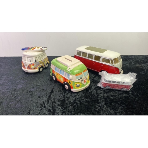 313 - Large and small model VW Campervans along wth a Campervan money box and egg cup