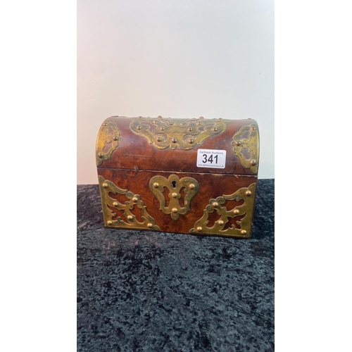 341 - Wooden domed treasure chest with brass detailing, approx 17cm x 23cm x 12.5cm