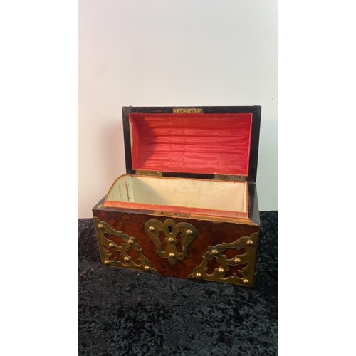 341 - Wooden domed treasure chest with brass detailing, approx 17cm x 23cm x 12.5cm