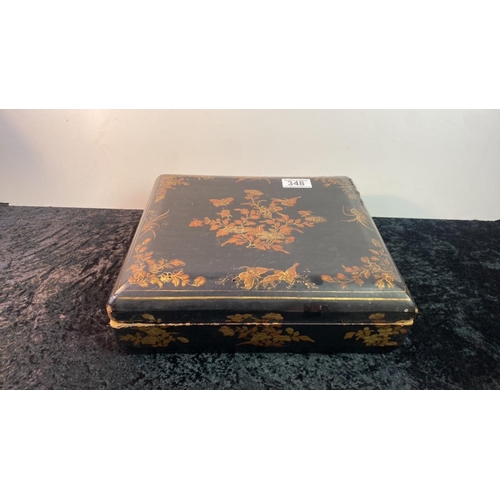 348 - Chinese lacquer wood gilt lidded game box containing boxes/trays, inlaid