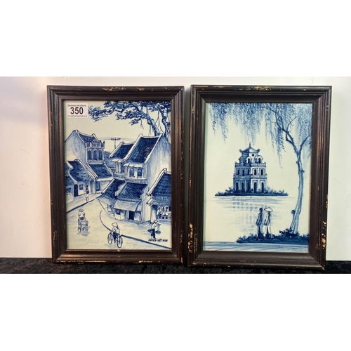 350 - Pair old blue and white hand painted Vietnamese tiles, pre-war?,  old market/temple scenes, Hanoiwar... 