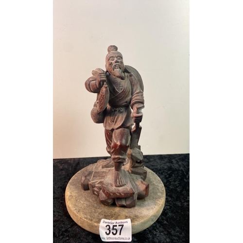 357 - Old Chinese carved wooden figure on round white marble base