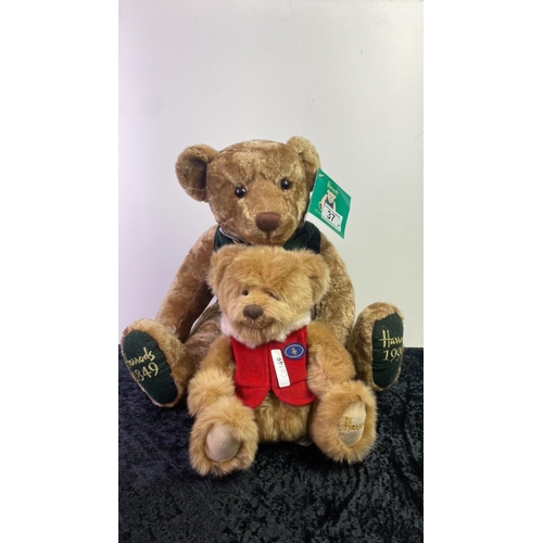 37 - Two Harrods teddy bears,  1849-1999 large bear and smaller bear in red Christmassy jacket, both with... 