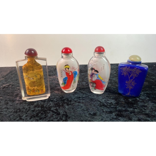 374 - Chinese snuff bottles with base/reign markings x 4 painted glass/enamel mix