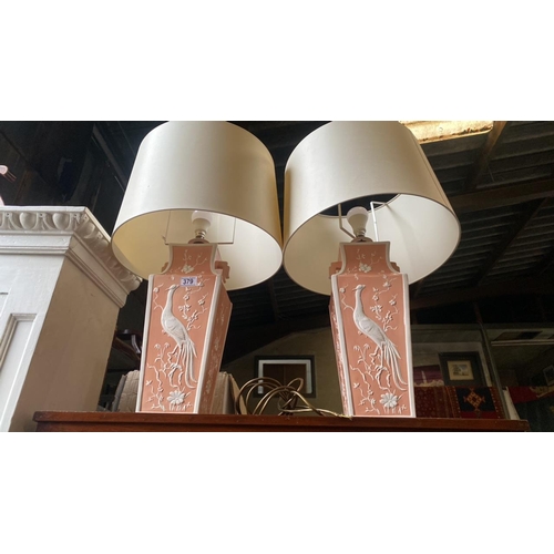 379 - Impressive pair of large ceramic lamps with exotic bird design, approx 43cm tall (excluding fittings... 