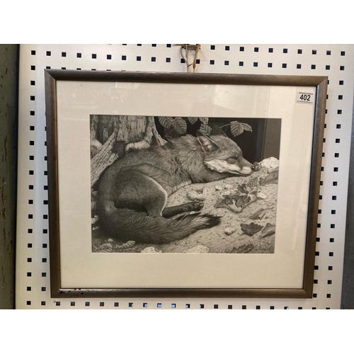 402 - Signed limited edition print entitled Lying Up depicting a sleepy fox by Clive Meredith frame measur... 