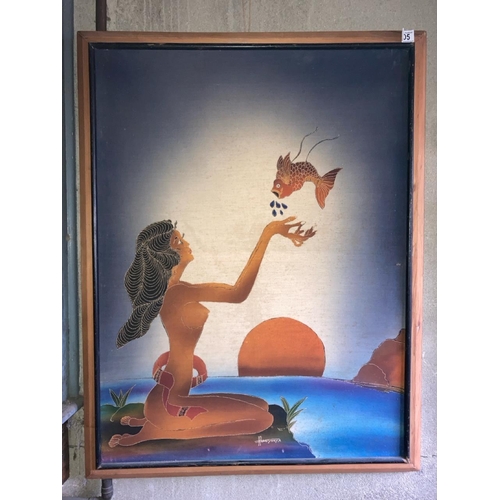 405 - Framed fabric screen print or batik depicting a bathing lady and a fish. Frame measures approx 94cm ... 