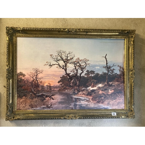 406 - Large print on board image dated 1849 depicting a wintery river scene at sunrise in gilt frame. Meas... 