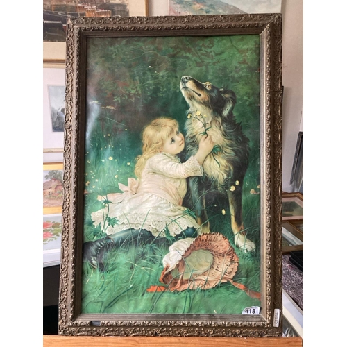 418 - Framed print depicting a child with a dog in elaborate vintage frame - approx 74cm  52cm