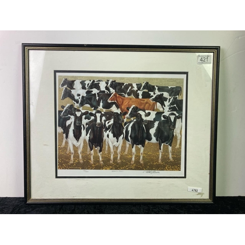 421 - A limited edition signed print entitled ‘Brown Cow’ - Mooooooooo. Indistinctly signed. Frame approx ... 