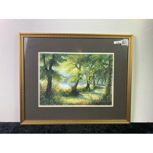 423 - Framed watercolour of a woodland lake scene by Sylvia Evans. Frame approx 43cm x 54cm