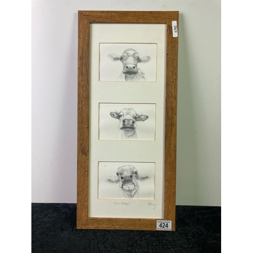 424 - A signed print depicting three cows - entitled Moo Maids. Signed P. King. Frame approx 56cm x 26cm